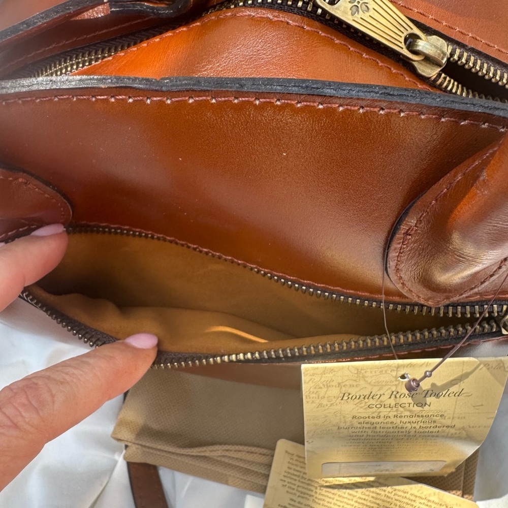 Patricia Nash Leather Angelini Top Handle Crossbody Tan with Tooled Floral - Picture 5 of 11